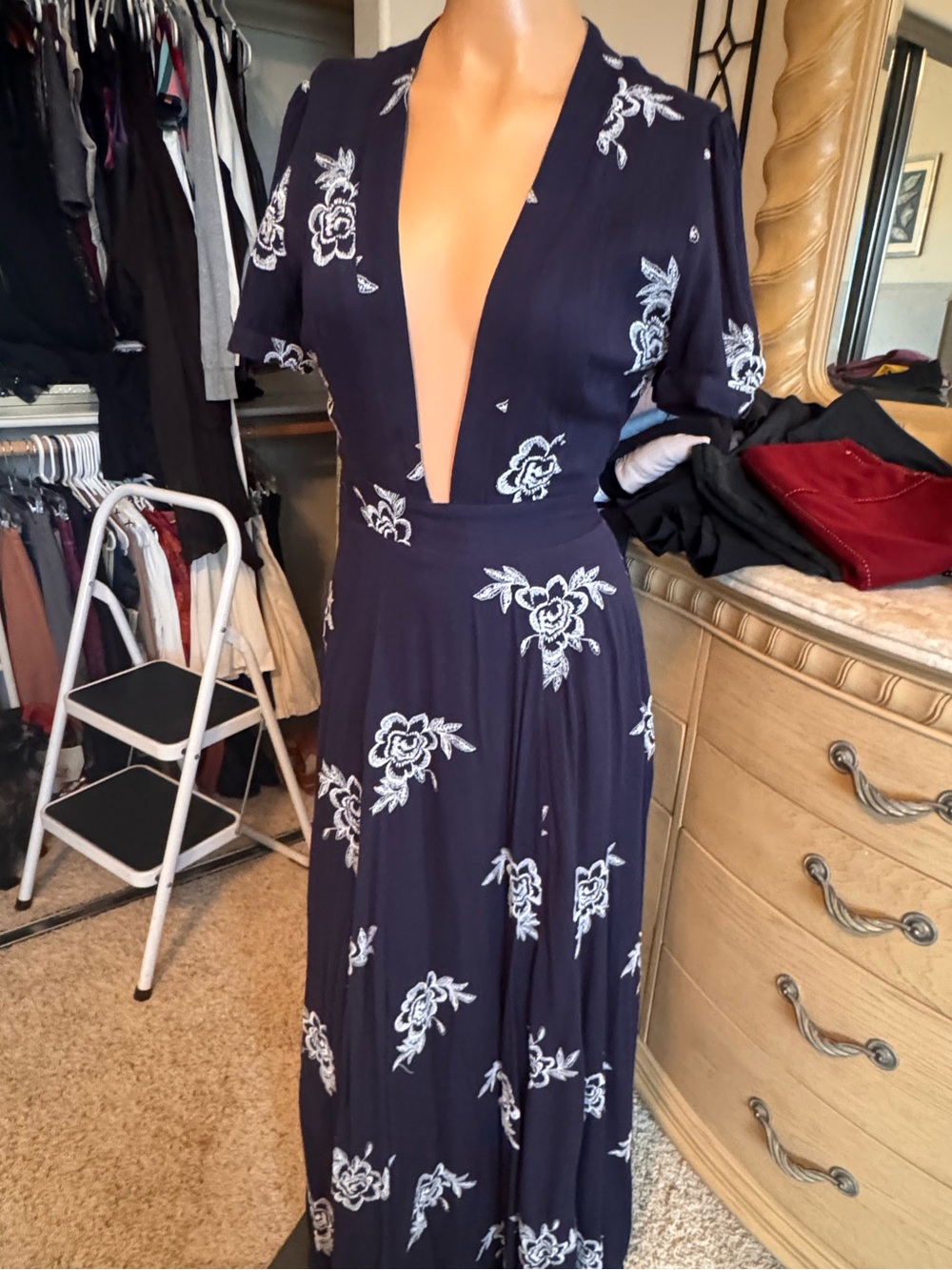 Sage Navy Maxi Dress with White Floral Embroidery
